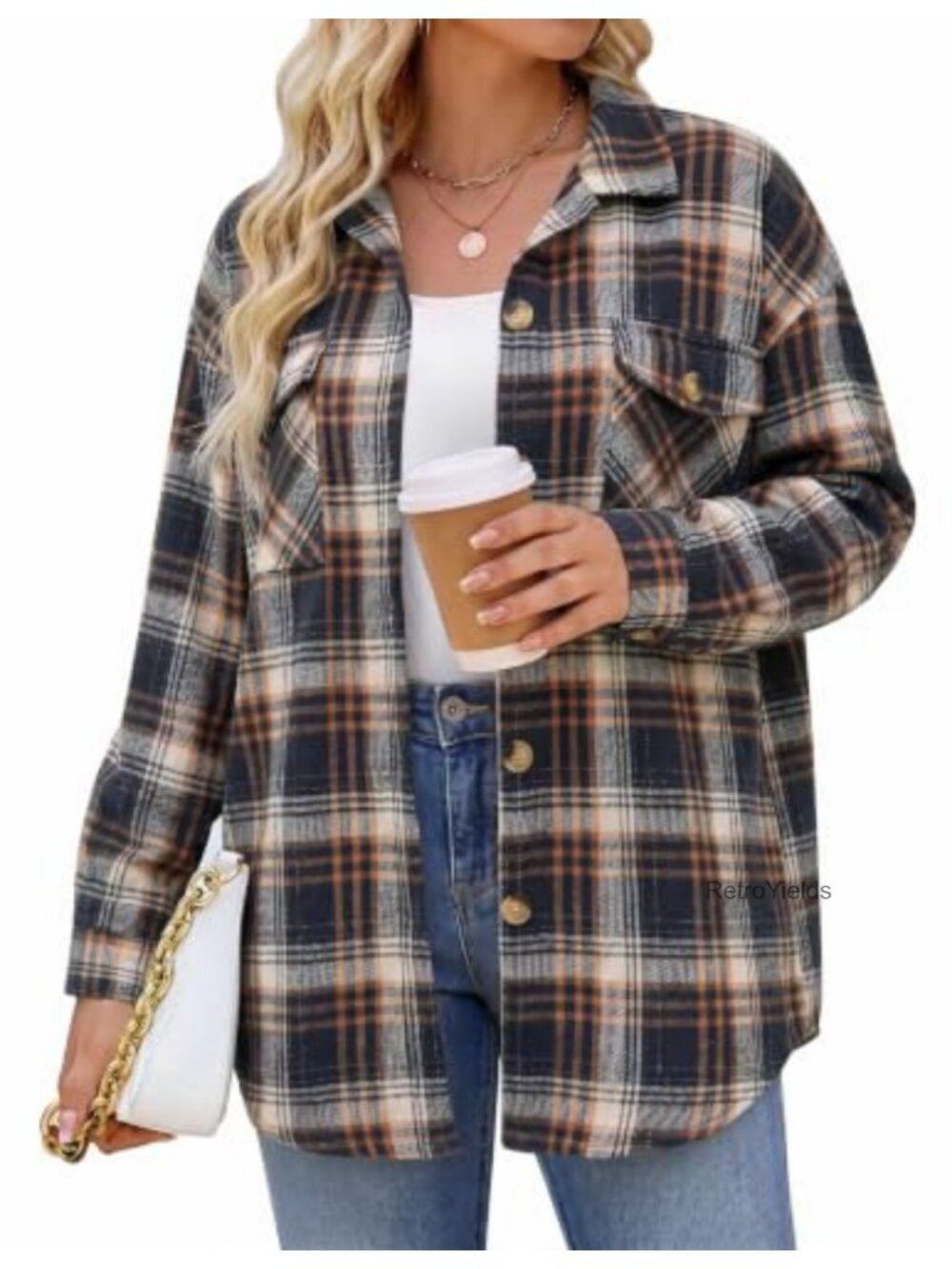 Plus Size Flannel Shirt Cotton Polyester Plaid Shacket Long Sleeve Button Down